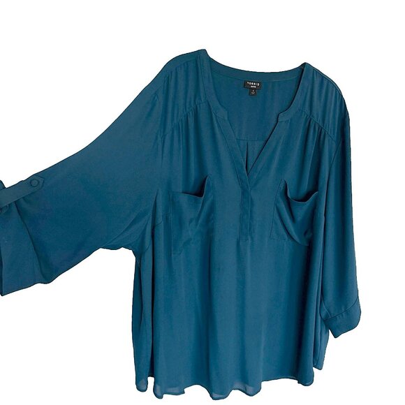 Torrid 4X TEAL Blue Green Harper 3/4 Sleeve Plus Size Top Blouse Tunic Pullover - Picture 3 of 15